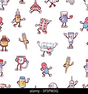 Funny pills characters. Medications seamless pattern, groovy drugs, tubes, first aid kit box. Medicine print for fabric, backdrop, banners, vector Stock Vector