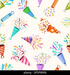 Poppers with colorful confetti. Different festival popper and firecrackers. Paper streamers fly out of holiday crackers seamless pattern, vector Stock Vector