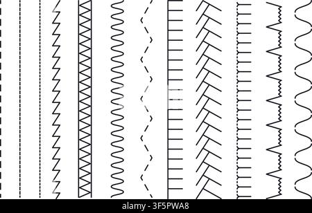 Sewing machine different stitches. Decorative and classic sew stitch, line, dotted lines, zigzag, wave, art style. Isolated tailor elements Stock Vector