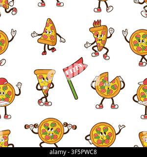Pizza seamless pattern. Groovy pizza characters, funny italian food symbols. Restaurant, pizzeria, cafe. Print for fabric, wallpaper, web backdrop Stock Vector