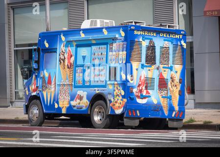 The colorful Sunrise Delight ice cream and frozen yogurt truck parked on Northern Boulevard in Queens. Their products are Kosher. Stock Photo