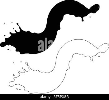 Two abstract wavy ribbon shapes in black and outline versions, modern flat graphic design element Stock Vector
