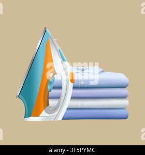 Steam iron and folded shirts laundry vector illustration Stock Vector