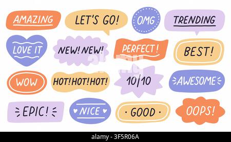 Hand drawn speech bubbles with reaction words trending amazing love it perfect epic awesome hot wow and nice. Pastel doodle sticker set for social Stock Vector