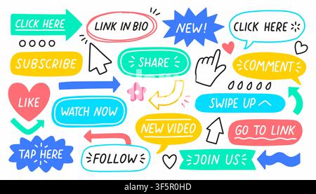 Social media sticker set with call to action buttons like follow subscribe comment link in bio watch now and arrows. Colorful hand drawn doodle vector Stock Vector
