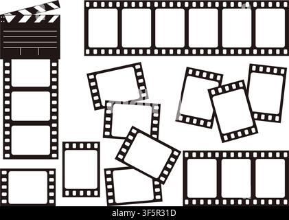 Cinema Film Strip Frames Set With Clapperboard And Blank Photo Placeholders. Movie Negative Strips Collection. Vector Illustration. Isolated On White Stock Vector
