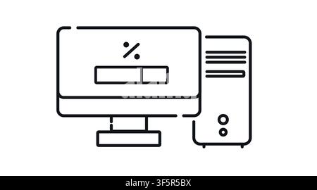 Desktop computer tower and monitor with percentage and update loading bar on screen vector icon. Stock Vector
