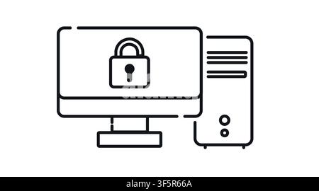 Desktop computer tower and monitor with padlock symbol on screen vector icon. Black line art style on white background. Cyber security, data protectio Stock Vector
