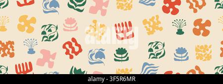 Seamless pattern with colorful organic shape botanical icons scattered across a light background. Playful abstract floral elements create a modern Stock Vector