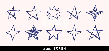 Collection of whimsical hand drawn blue star doodles in outlined, sketchy and striped styles. Vector illustration Stock Vector