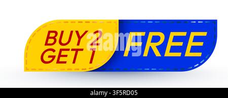 Buy 2 Get 1 Free promotional banner tag. Marketing label for sale and special offer design. Vector illustration. Stock Vector