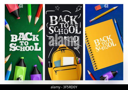 Back to School set of banners with stationery and accessories for education. Vector illustration Stock Vector