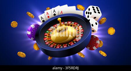 Casino gambling concept with roulette, playing cards, dice and chips. Realistic gambling Vector illustration. Stock Vector