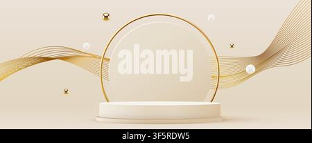 Minimalist beige podium with golden rings and abstract waves for elegant product display. Vector illustration Stock Vector