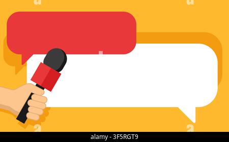 Hand holding microphone - Media interview with speech bubble dialog boxes. Vector illustration with copy space Stock Vector