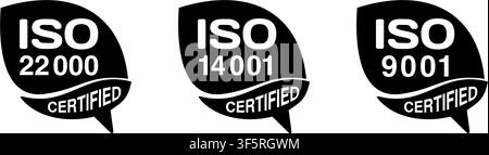 ISO 9001, 14001 and 22000 certified monochrome stamps collection in speech bubble shape - quality management system international standard Stock Vector