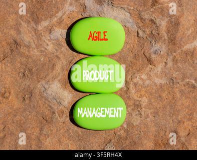 Agile product management words symbol. Concept words Agile product management on beautiful green stones. Beautiful stone background. Business agile pr Stock Photo