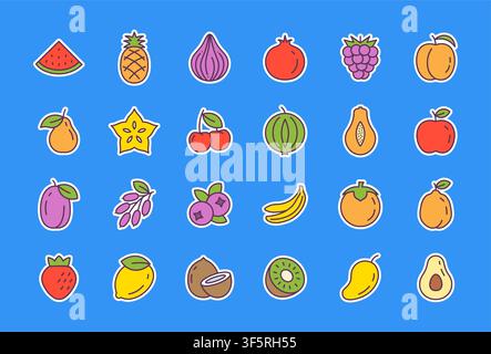 Fruit icon set collection flat isolated vector food. Fruit avocado fresh apple cartoon sticker organic nutrition icon Stock Vector