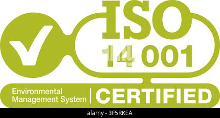 ISO 14001 certified badge - environmental management system international standard approved stamp - green isolated vector sticker in flat Stock Vector