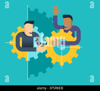Teamwork management business concept - two abstract people collects gear box mechanism - isolated vector illustration Stock Vector