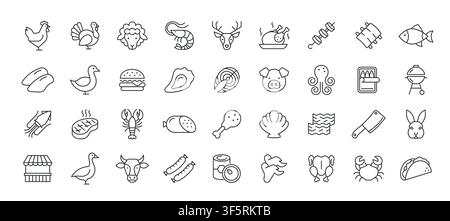 Meat and sea food line icon set. Lobster squid beef and chicken seafood pictogram symbol. Meat vector simple elements Stock Vector