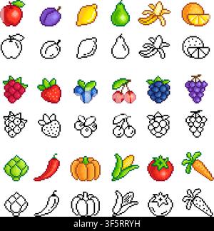 Berries, fruits and vegetables pixel art icons. Colorful and black and white pixelated food fresh farm symbols, game assets. Cherry, apple, pumpkin, 8 Stock Vector