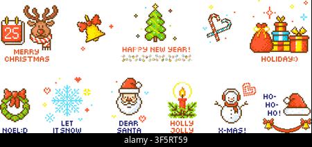 Christmas labels pixel art style. Pixelated Santa Claus, deer, snowman, snowflakes, sweets and bell. Retro 8 bit style holiday greetings, vector set Stock Vector