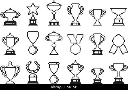 Medals and trophy black pixelated icons. Pixel art goblet, orders, victory symbols. Winner award cups, 8 bit game champions assets, vector collection Stock Vector