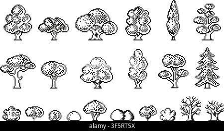 Nature landscape, forest pixel art icons. Different tree and bushes black pixelated icons. Isolated 8 bit natural elements for park, street, vector Stock Vector