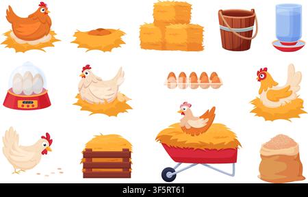Laying hens sit on eggs in straw nests. Cartoon elements of poultry farm, feeding birds grain. Bag of grain, bucket, waterer, haystacks, incubator Stock Vector