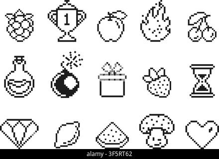 Game assets pixel art design. Trendy 8 bit style black icons. Heart, cherry, trophy, bomb, potion, diamond, gift box. Pixelated elements vector Stock Vector