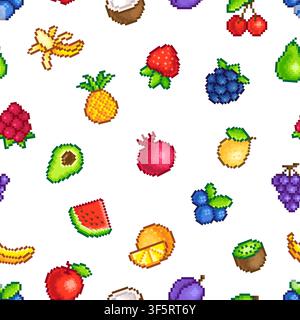 Pixel art fruits and berries seamless pattern. Game style food, sweet farm natural products, vitamins. Decorative stylish print for design, vector Stock Vector
