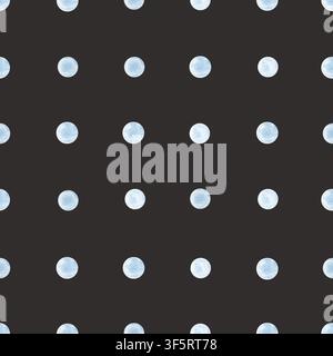Seamless pattern with blue watercolor polka dots on a black background. Simple background ideal for packaging, textile prints and playful surface Stock Photo