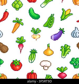 Vegetables seamless pattern. Pixel art style potato, pumpkin, tomato, corn, salad. Different vegan vitamin farm products pixelated icons, vector Stock Vector