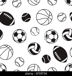 Sport balls seamless pattern. Different ball, for soccer, american football, handball, basketball, tennis, baseball and volleyball. Training tools Stock Vector