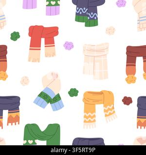 Winter knit scarves seamless pattern. Seasonal accessories, warm scarf. Autumn stylish outfit element. Print for wrapping, fabric, vector background Stock Vector