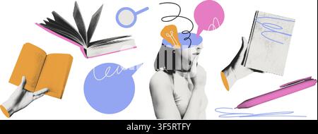 Education and brainstorming collage concept vector illustration  Stock Vector