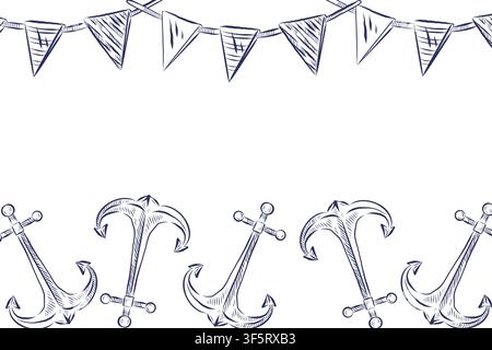 A sea border with waving flags and sea anchors, hand-drawn in ink. A decorative frame with marine elements for invitations, postcards or stationery Stock Vector