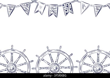 A marine frame with a ship's rudder and flags. All objects are hand-drawn in ink. Marine-themed vector frame for party decoration or background Stock Vector