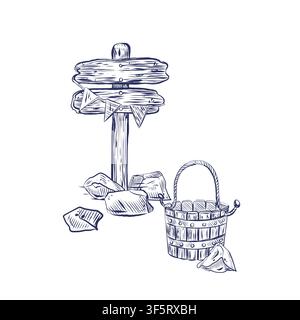 Wooden signpost and bucket on the beach. Vector illustration on a marine theme. The concept of sea adventures for leisure design, travel, marine decor Stock Vector