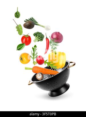 Fresh vegetables and colander in air on white background Stock Photo