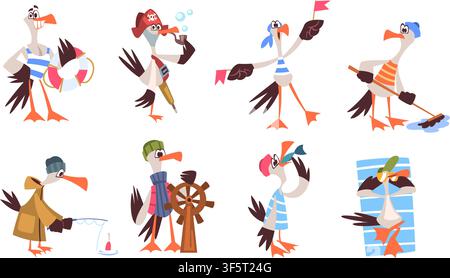 Seagull characters. Gull sea bird, sailor captain funny animal ocean summer beach mascot marine anchor seabird cartoon character nautical vacation set classy vector illustration original artwork Stock Vector