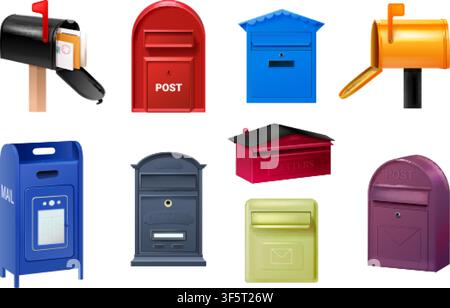 Realistic mailbox. 3d post mail letter box isolated postal retro letterbox envelope delivery postoffice apartment address letterboxes postbox mailboxes exact vector illustration original artwork Stock Vector