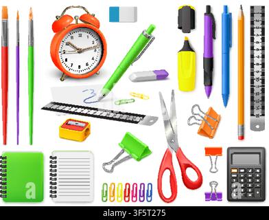 School supplies. Realistic stationery supply set, 3d isolated pen pencil eraser ruler scissors brush notebook calculator paper clip sharpener alarm, garish vector illustration original artwork Stock Vector