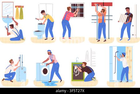 Plumber repair house. Plumbing worker fix home pipe water leak, handyman sink toilet bathroom boiler shower service maintenance professional master set classy vector illustration original artwork Stock Vector