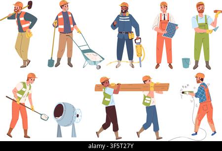 Builders engineers characters. Construction worker work, builder woman man in helmet labor safety repair industry site tool hardhat people job profession classy vector illustration original artwork Stock Vector