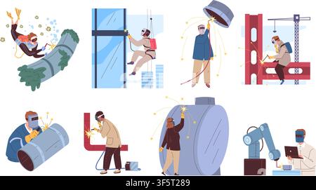 Welders work. Welder worker, metal steel weld construction spark mask gas factory industrial equipment safety repair pipe helmet employee welding man set classy vector illustration original artwork Stock Vector