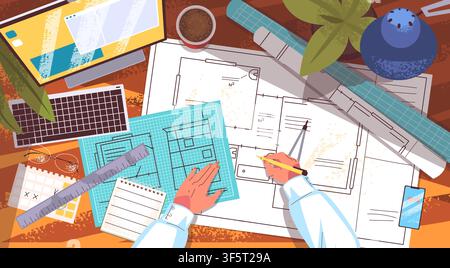 Architect desk. Construction plan drawing, engineer work table blueprint architecture project house renovation home office technical tools building draft classy vector illustration original artwork Stock Vector