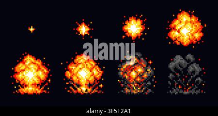 Pixel explosion animation. Fire blast flame 8 bit art, retro arcade game bomb firework fight sequence frame old computer space war attack bang smoke qualitative vector illustration original artwork Stock Vector