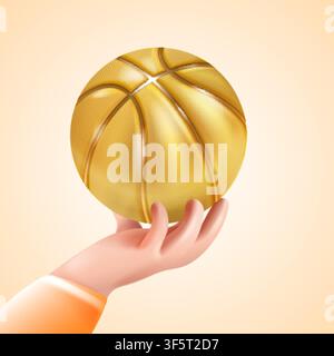 3d hand basketball. Realistic cartoon arm hold golden basket ball, sport competition championship league team character play balls goal game match best player vector illustration original artwork Stock Vector